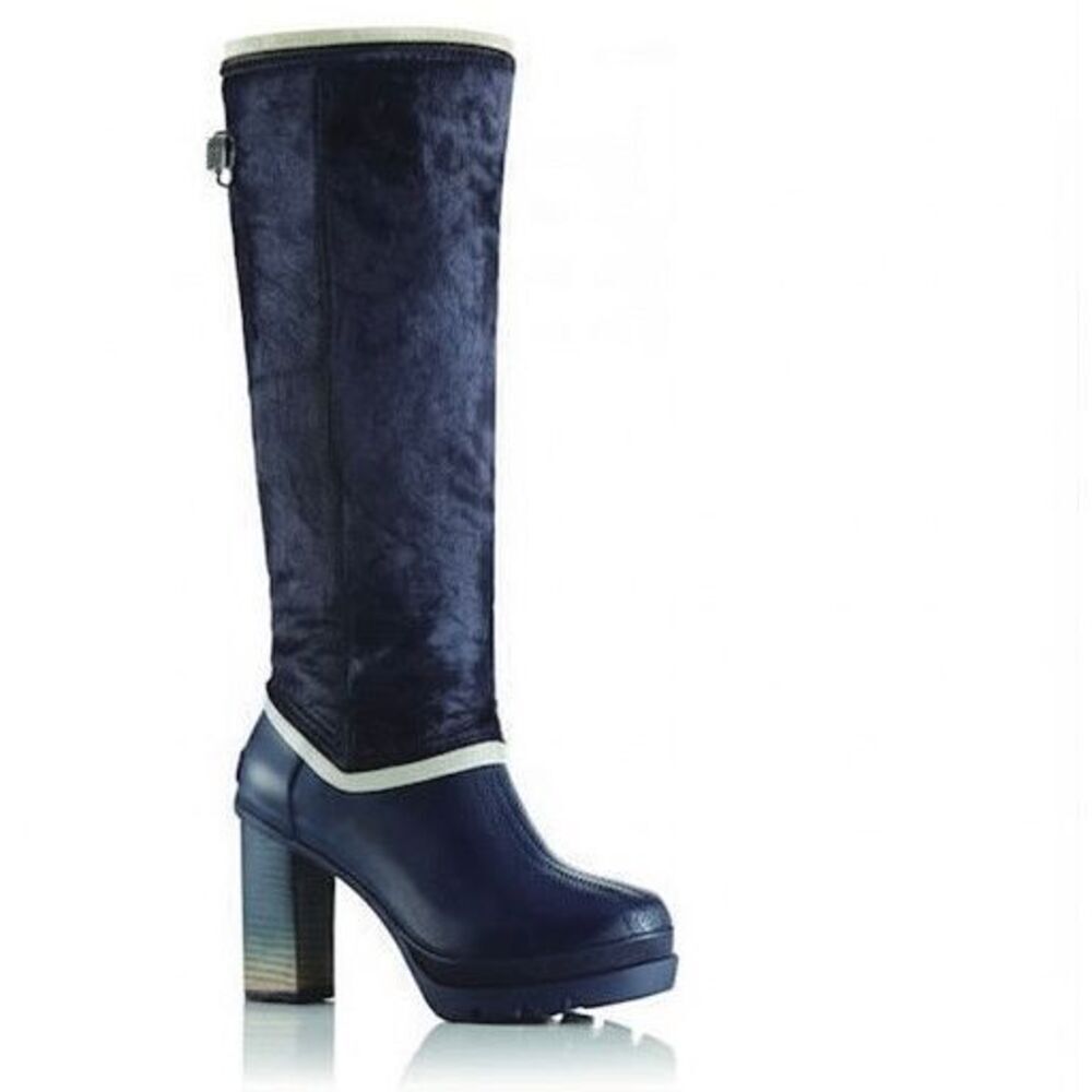 Sorel Medina IV Heeled Boots size 8 Navy Blue Calf Hair Shaft Rubber Tall